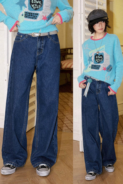Retro Blue High-Waisted Straight Wide-Leg Jeans