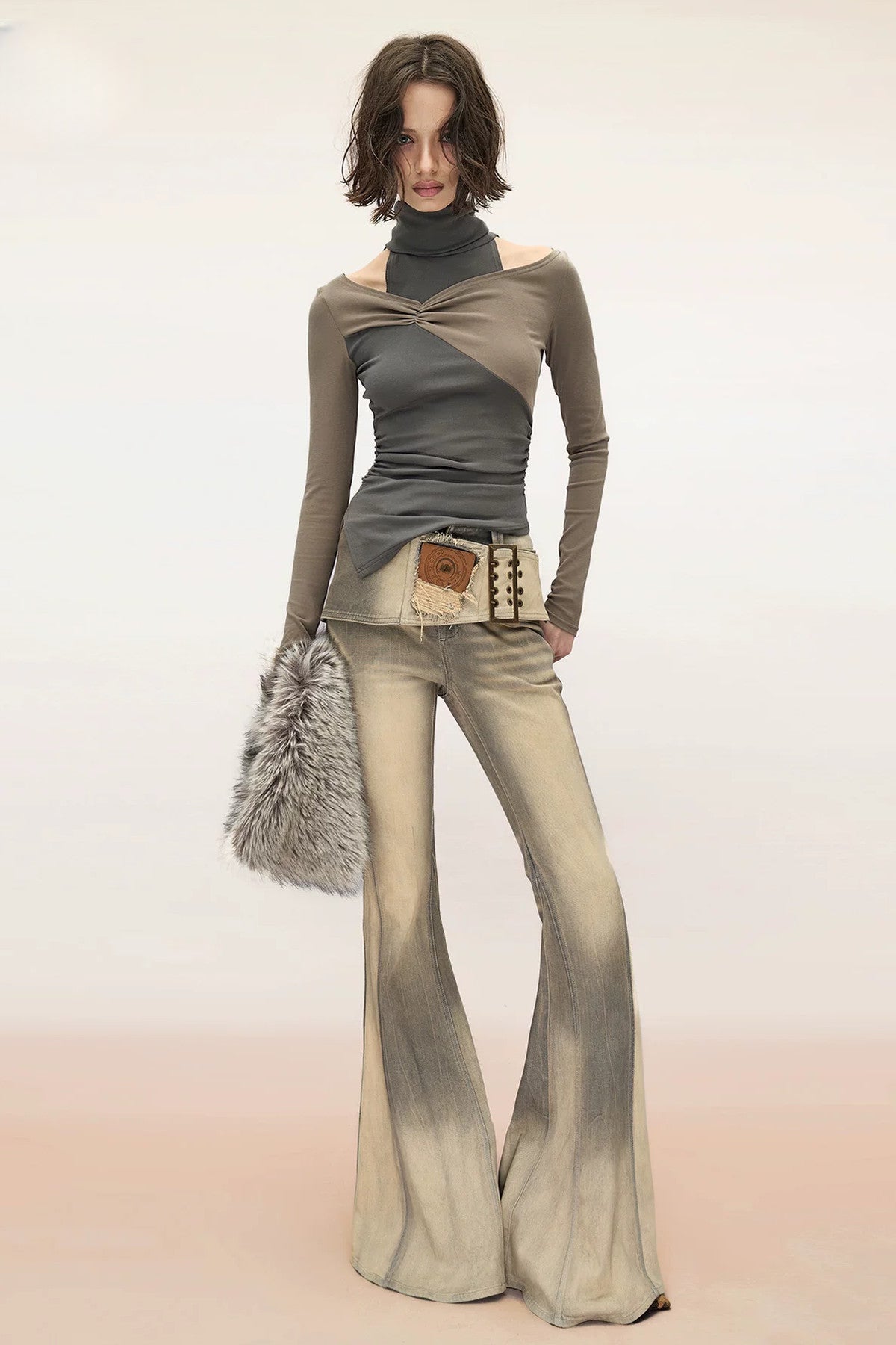 Layered Ruched Patchwork Off-Shoulder Long-Sleeve T-Shirt