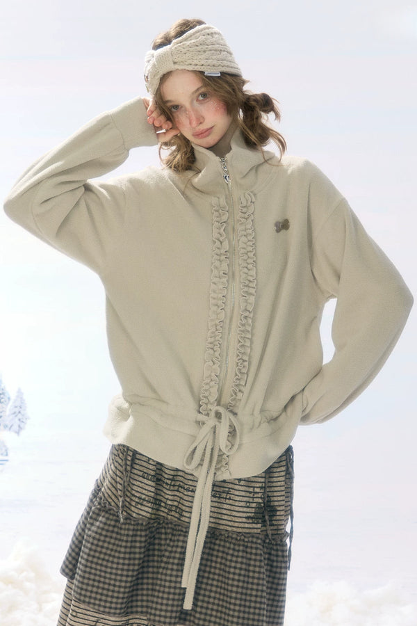 Gray Apricot Zipper Drawstring Fleece Jacket