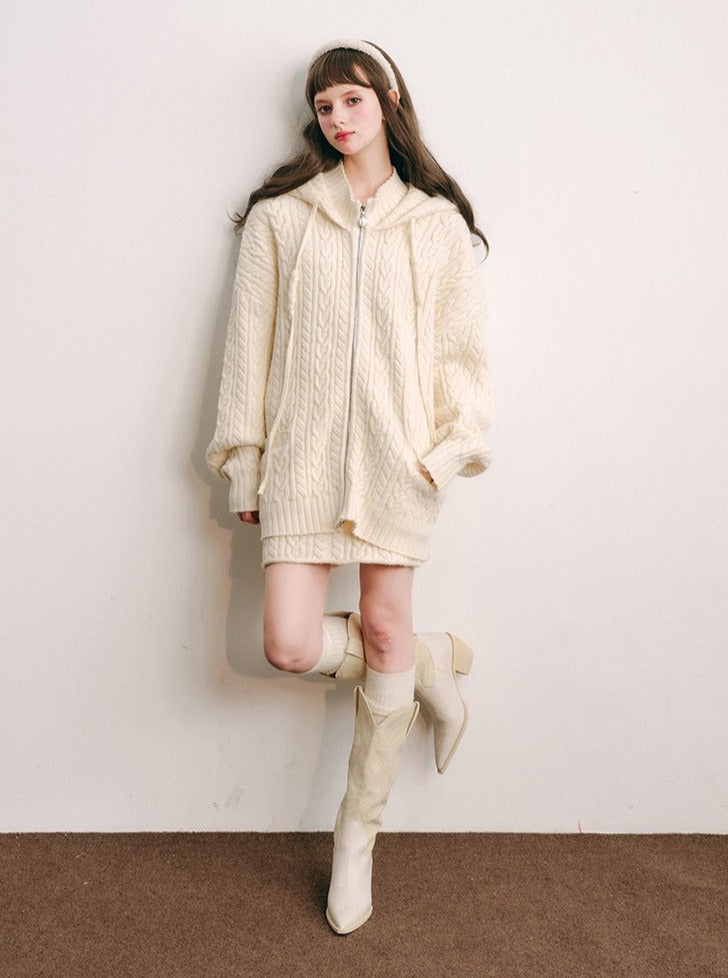 Bunny Ears Hooded Knitted Jacket Set