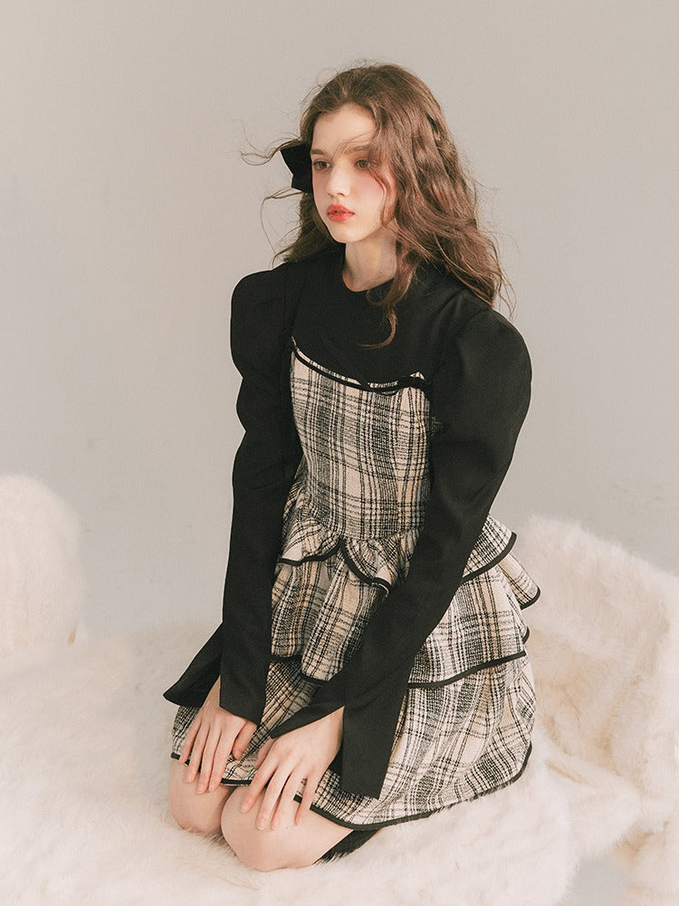 Plaid Cake Skirt Fake Two-piece Dress