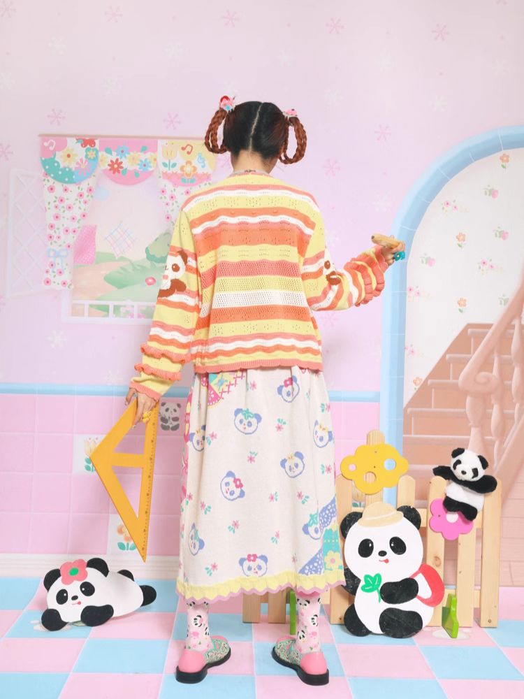 Panda print striped knit cardigan