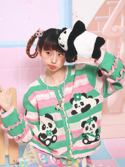 Panda print striped knit cardigan