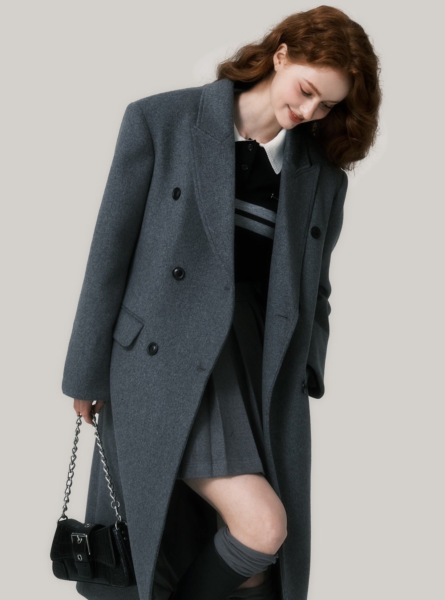 Shoulder pad wool neat long coat