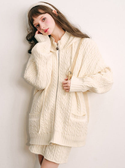 Bunny Ears Hooded Knitted Jacket Set