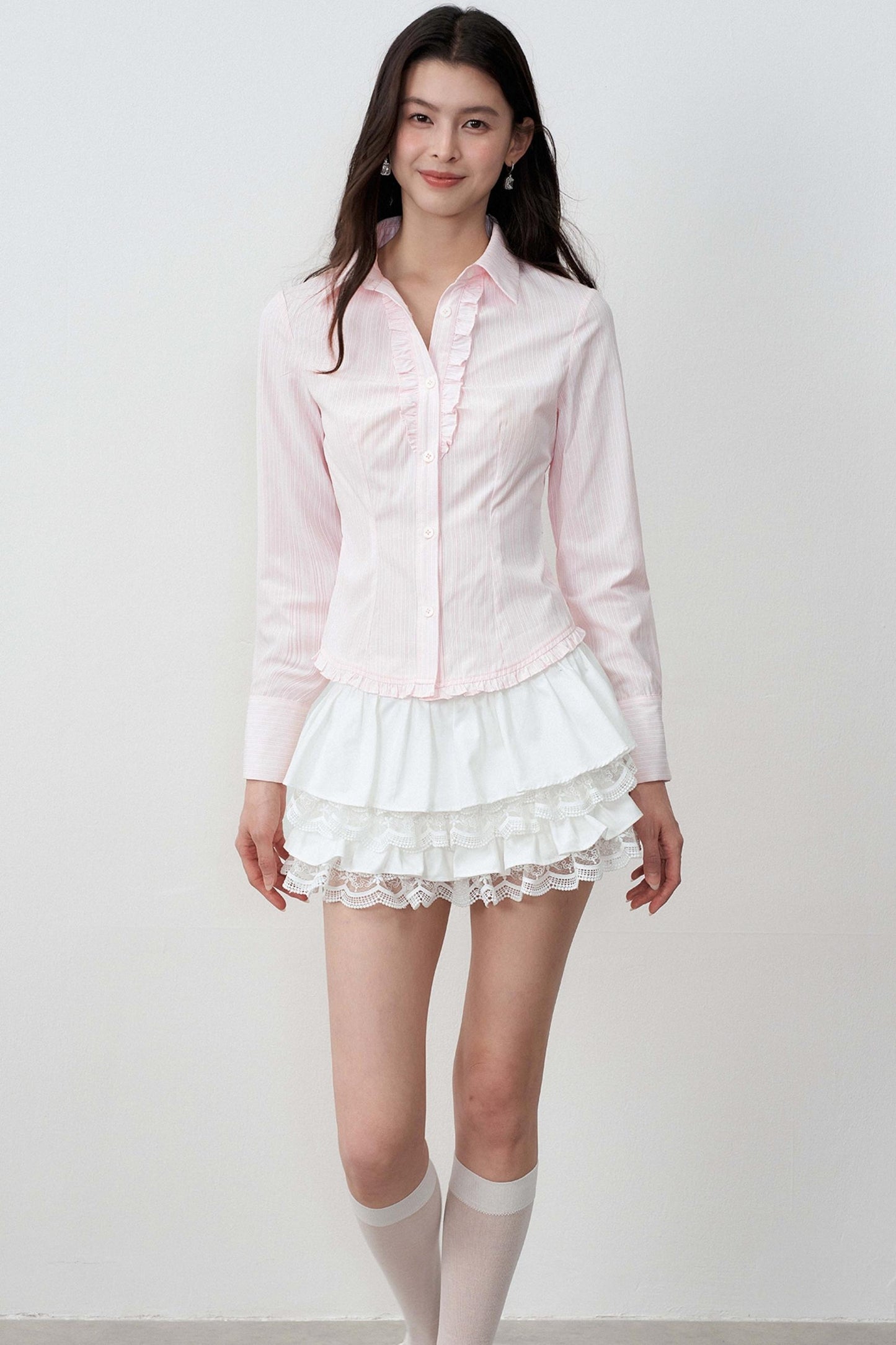 Stripe Texture Polo Collar Lace Tie-Up Shirt
