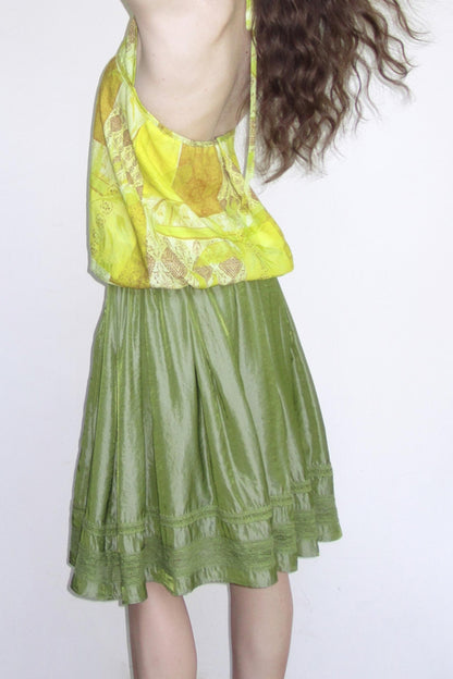 Polarized Satin Pleated Lace Panel Skirt