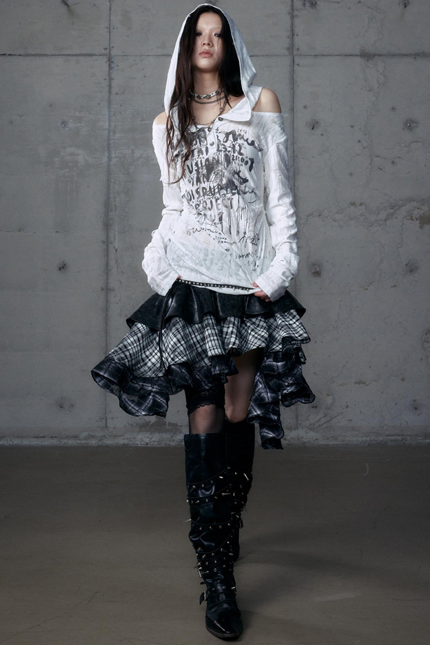 Dark Retro Plaid Leather Skirt