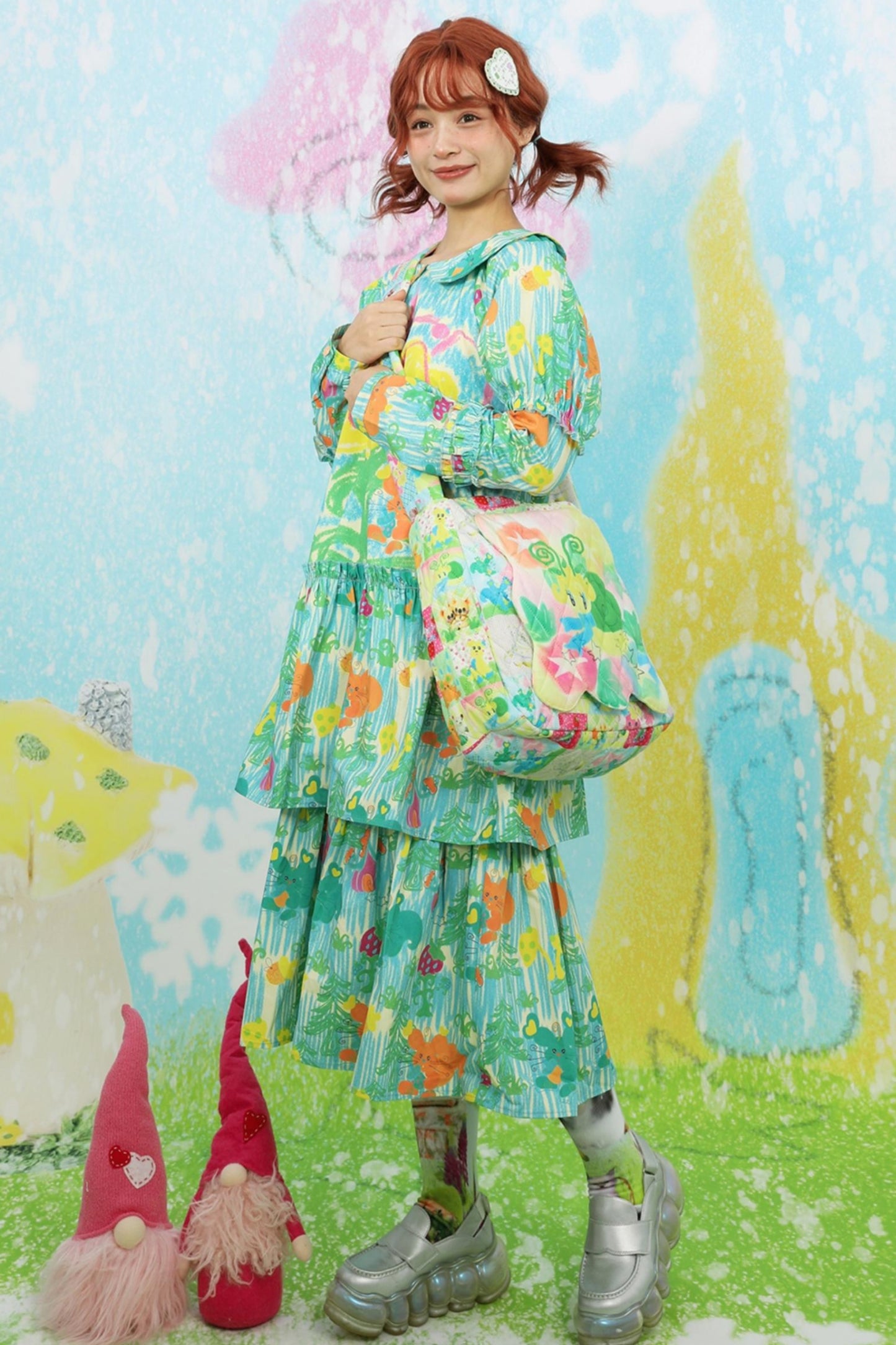 Green Print Doll Collar Dress