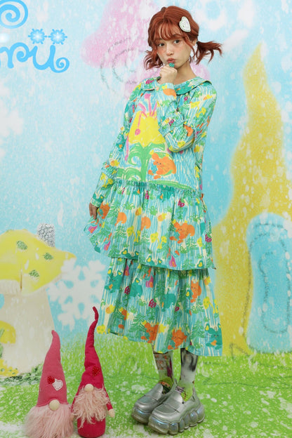 Green Print Doll Collar Dress