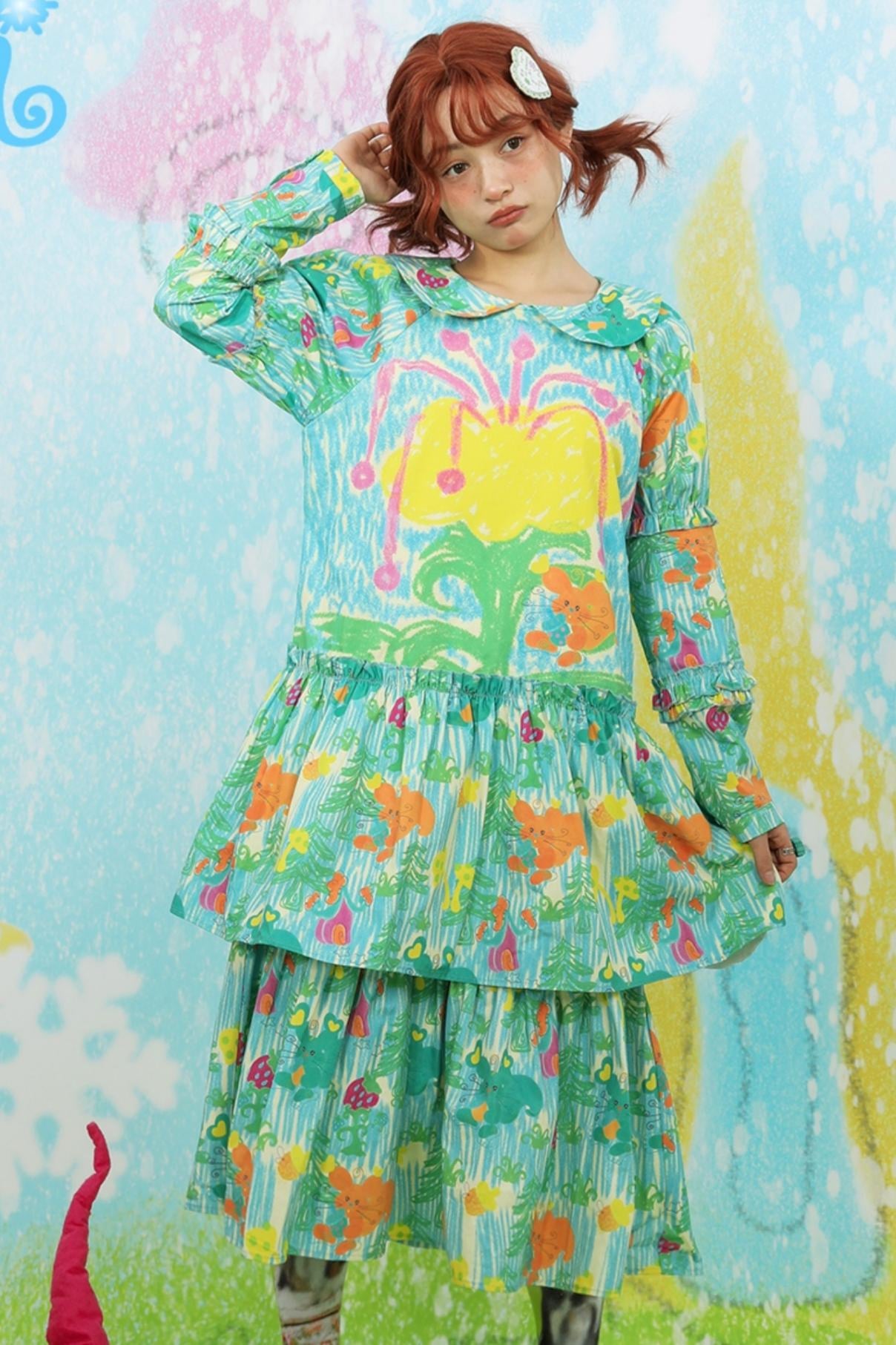 Green Print Doll Collar Dress