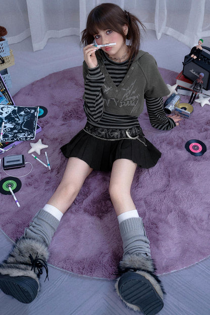 Furry Gray Striped Hooded Two-Piece Set-Up