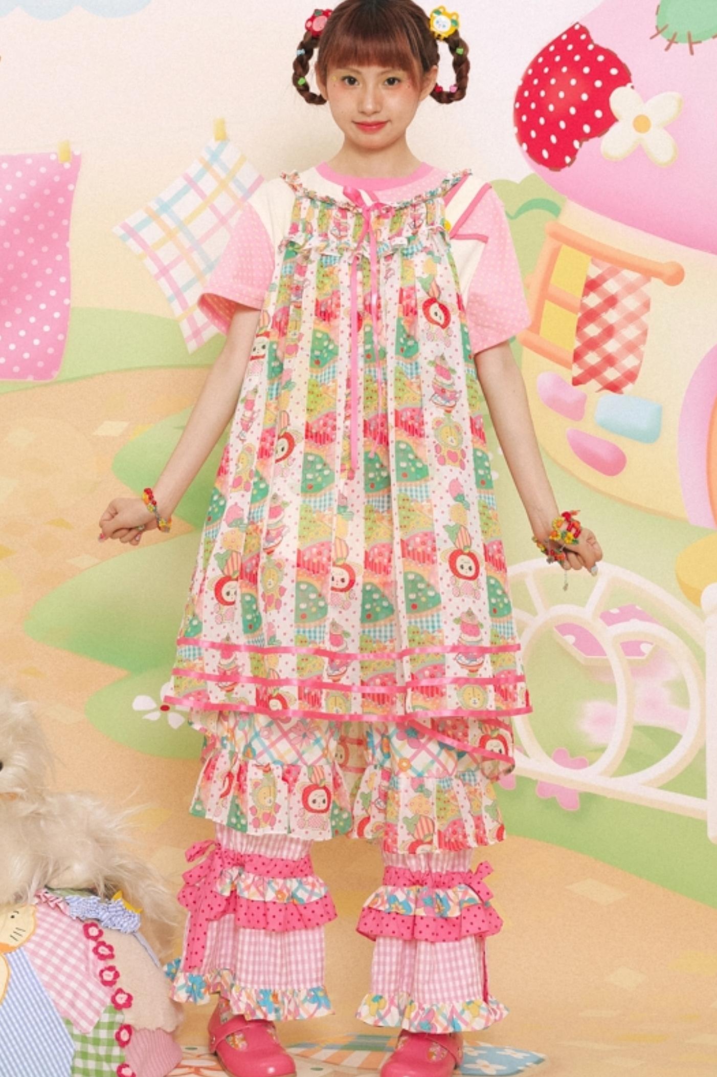 Cute Girl Chiffon Print Suspender Skirt