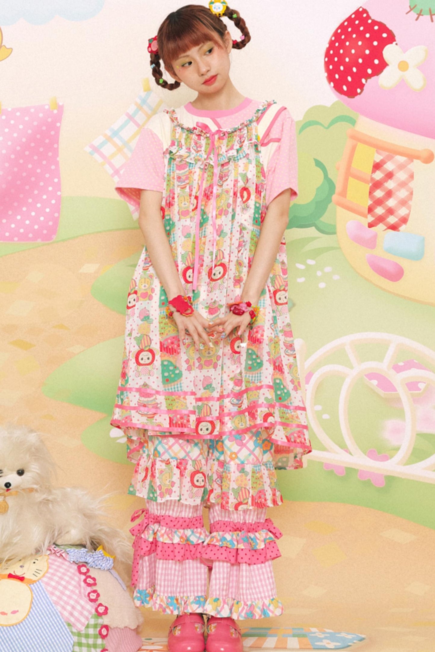 Cute Girl Chiffon Print Suspender Skirt