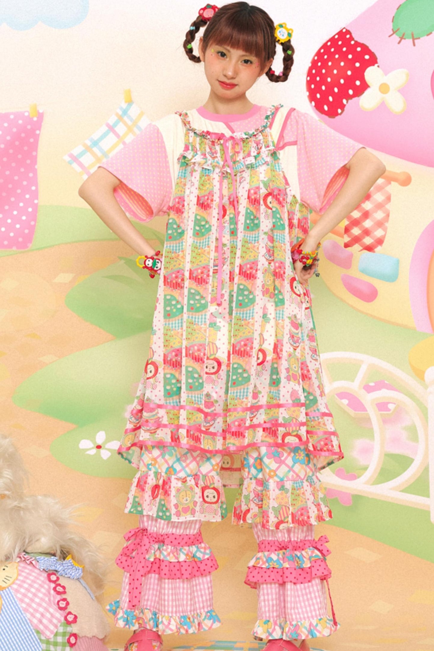 Cute Girl Chiffon Print Suspender Skirt