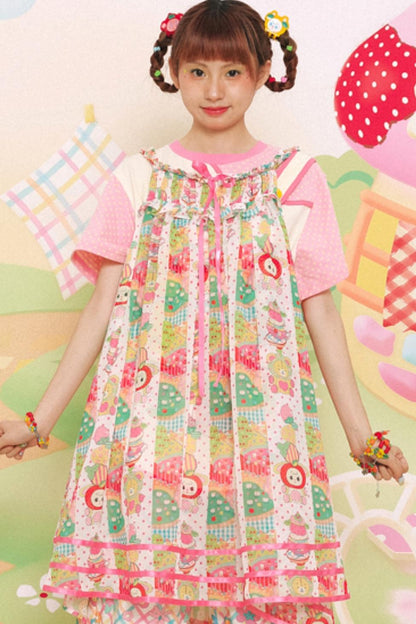 Cute Girl Chiffon Print Suspender Skirt