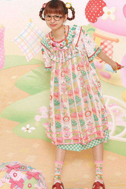 Cute Girl Chiffon Print Suspender Skirt