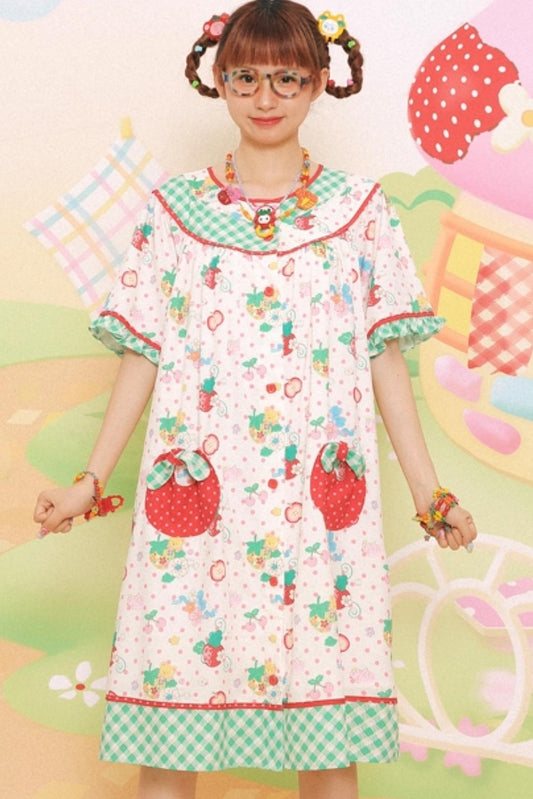 Sweet Strawberry Bear Print Loose Dress