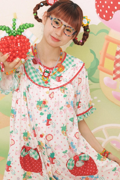 Sweet Strawberry Bear Print Loose Dress