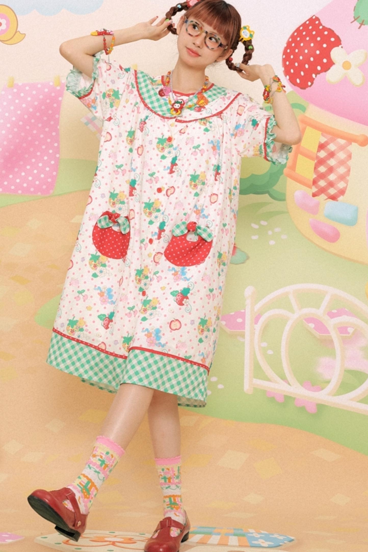 Sweet Strawberry Bear Print Loose Dress