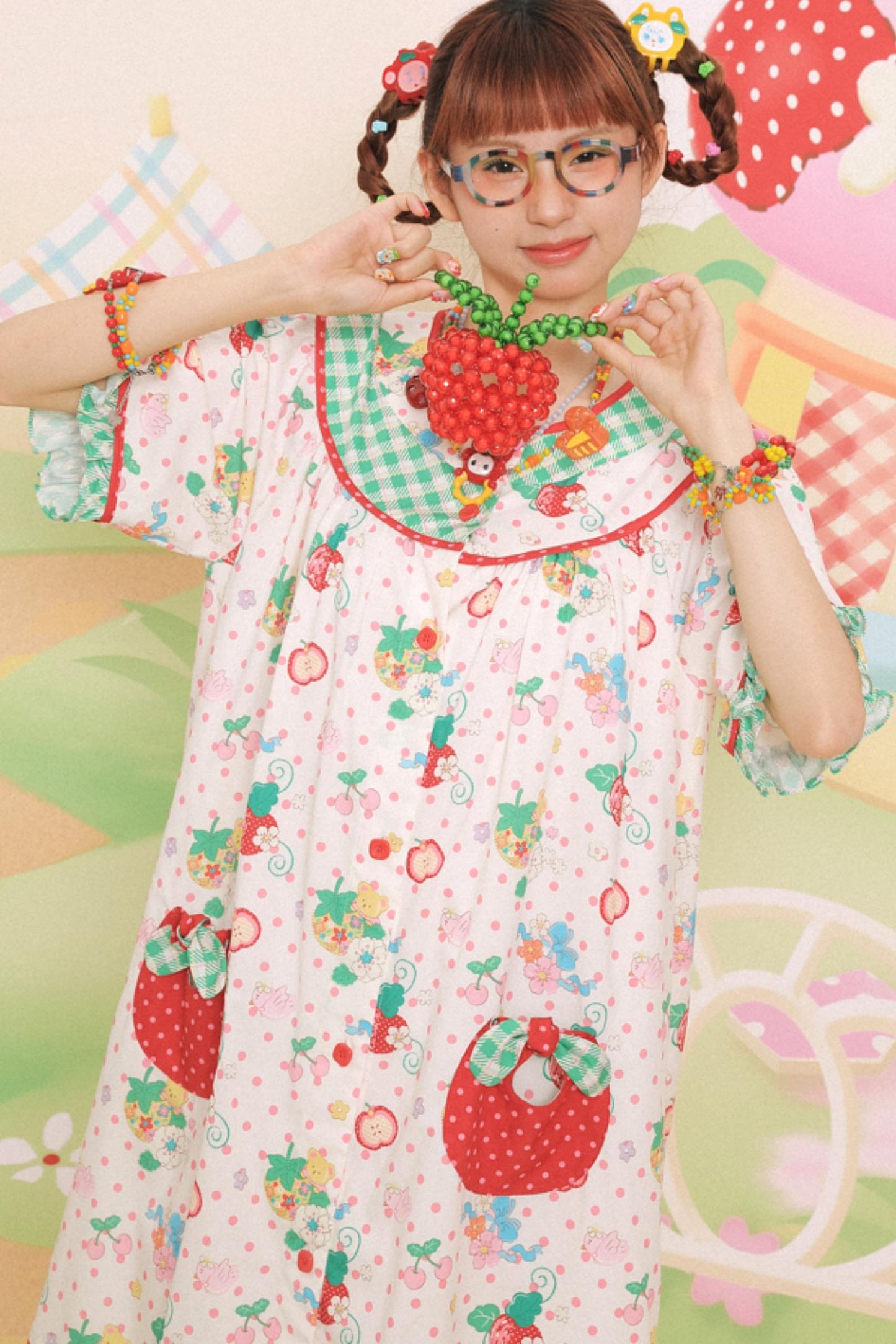 Sweet Strawberry Bear Print Loose Dress