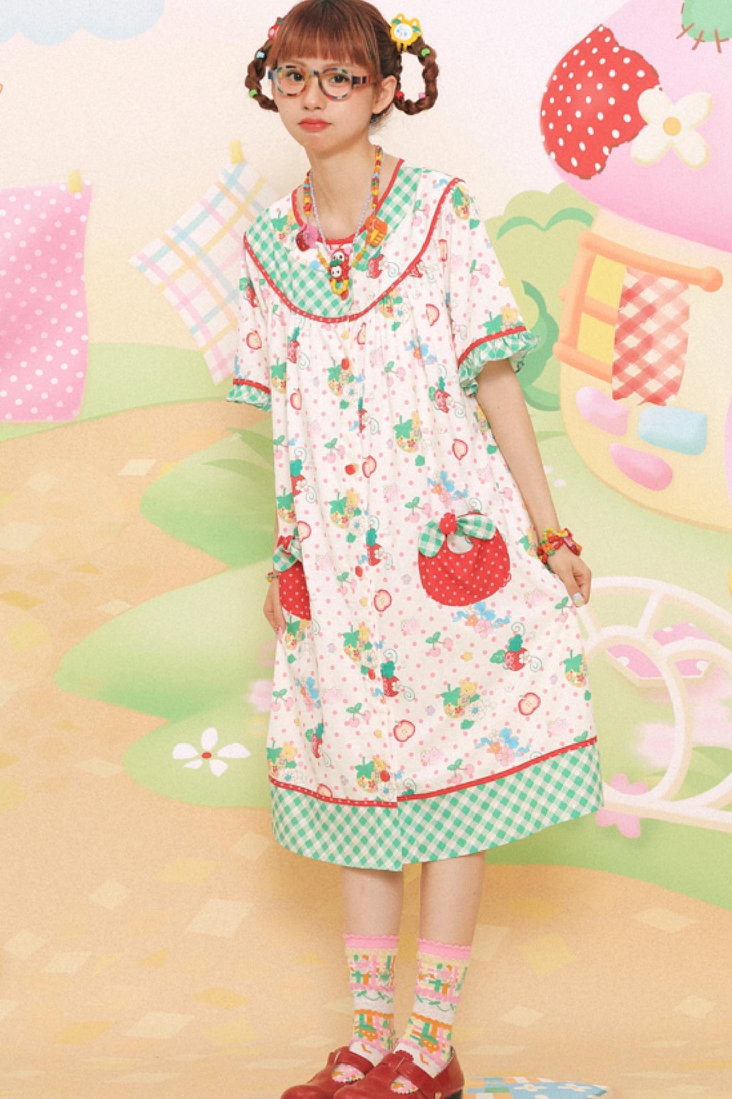 Sweet Strawberry Bear Print Loose Dress