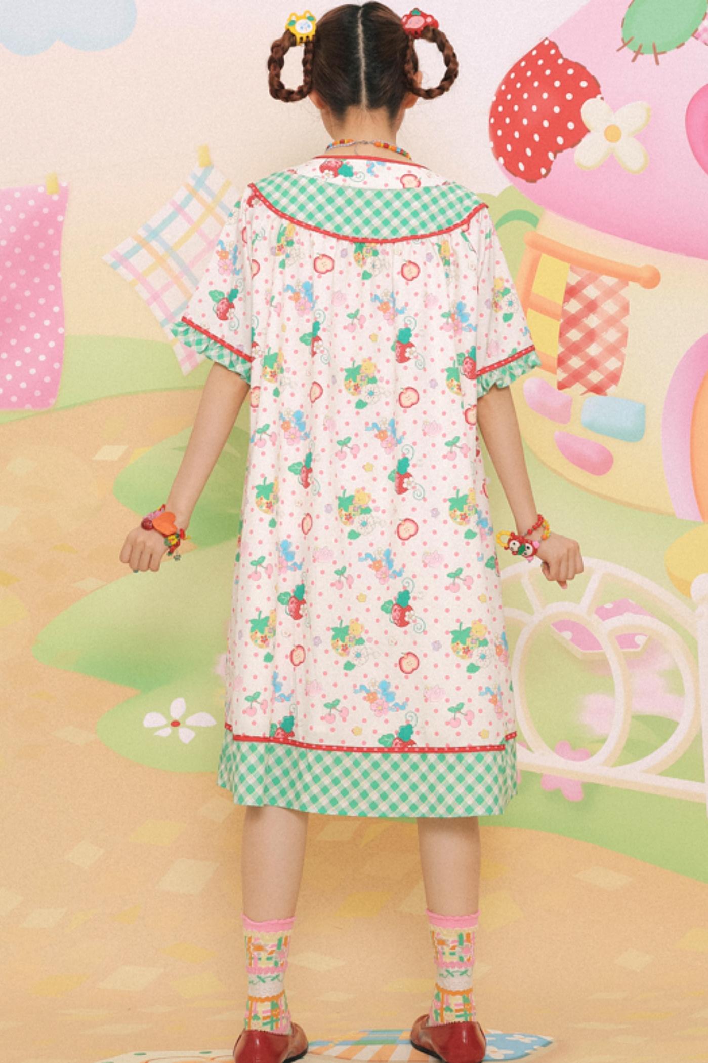 Sweet Strawberry Bear Print Loose Dress