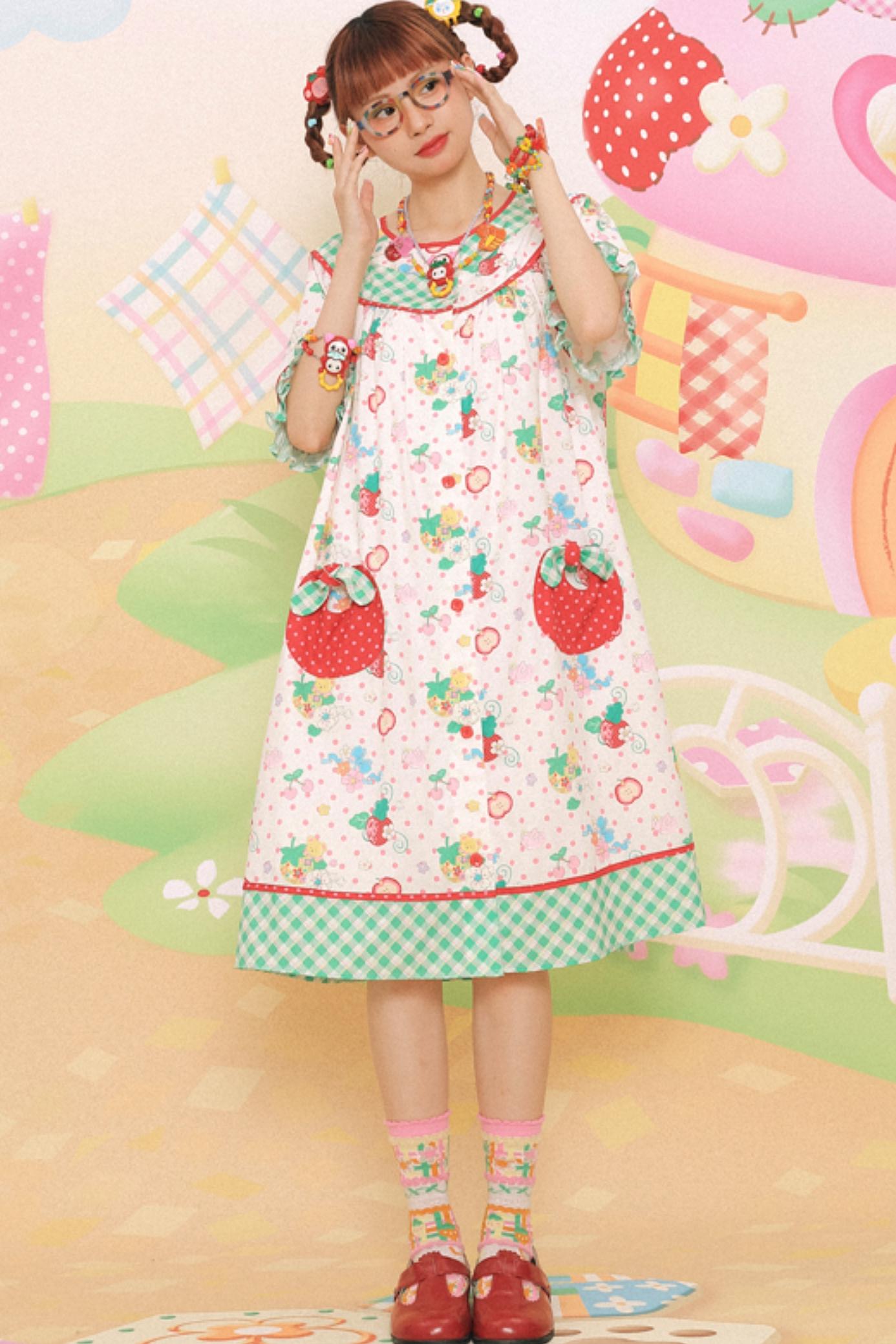 Sweet Strawberry Bear Print Loose Dress