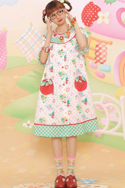 Sweet Strawberry Bear Print Loose Dress