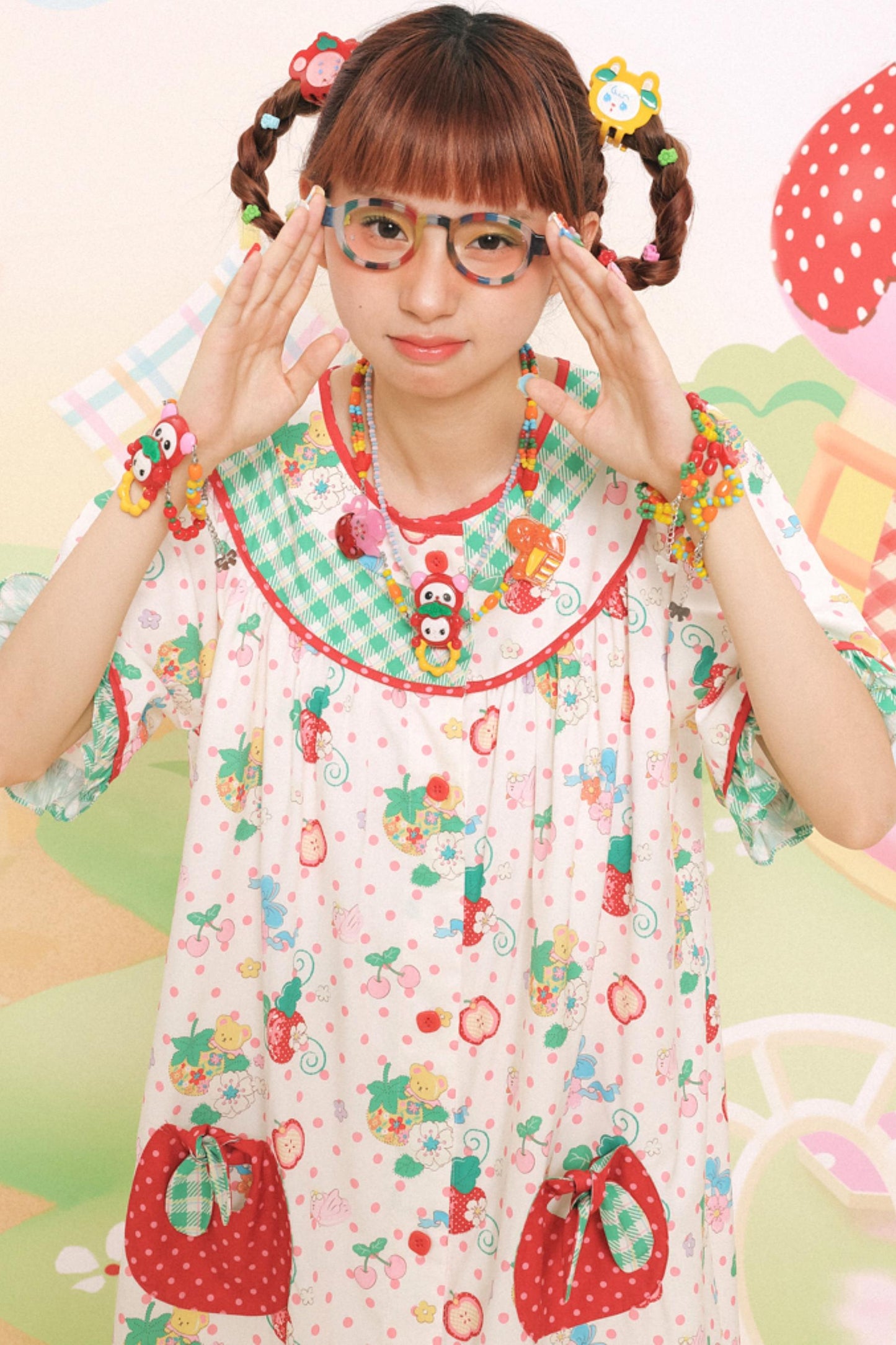 Sweet Strawberry Bear Print Loose Dress