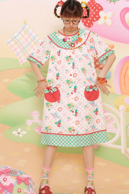 Sweet Strawberry Bear Print Loose Dress