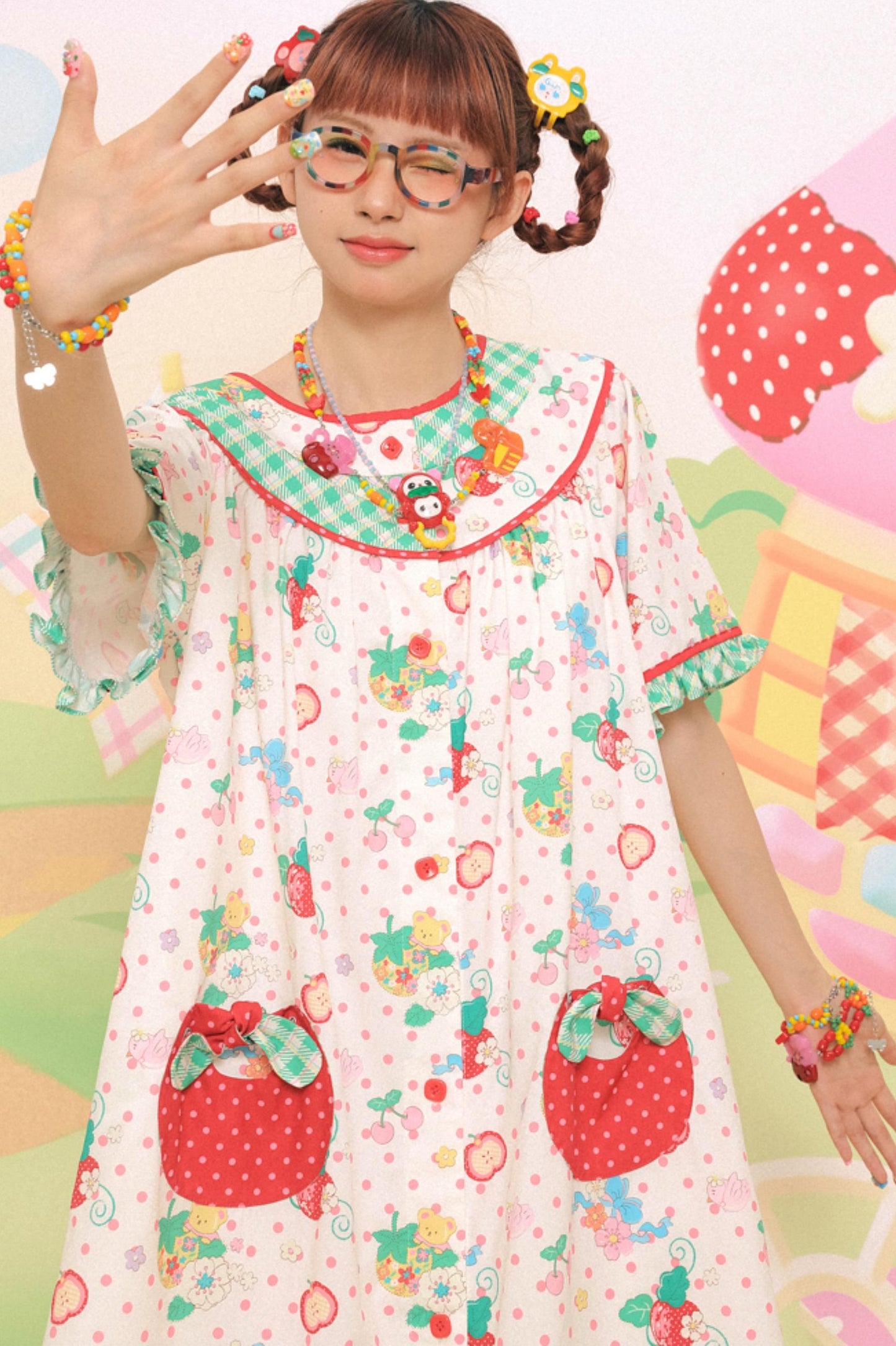 Sweet Strawberry Bear Print Loose Dress