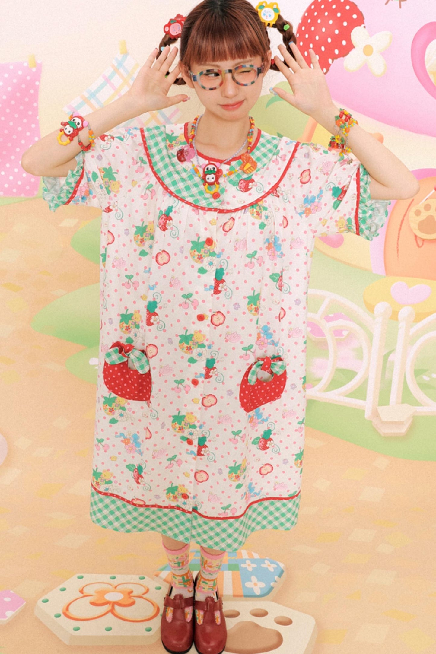 Sweet Strawberry Bear Print Loose Dress