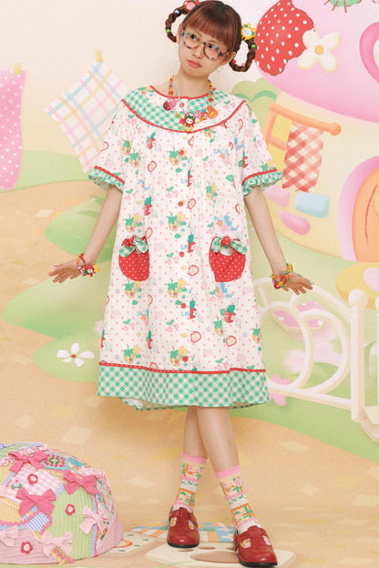 Sweet Strawberry Bear Print Loose Dress