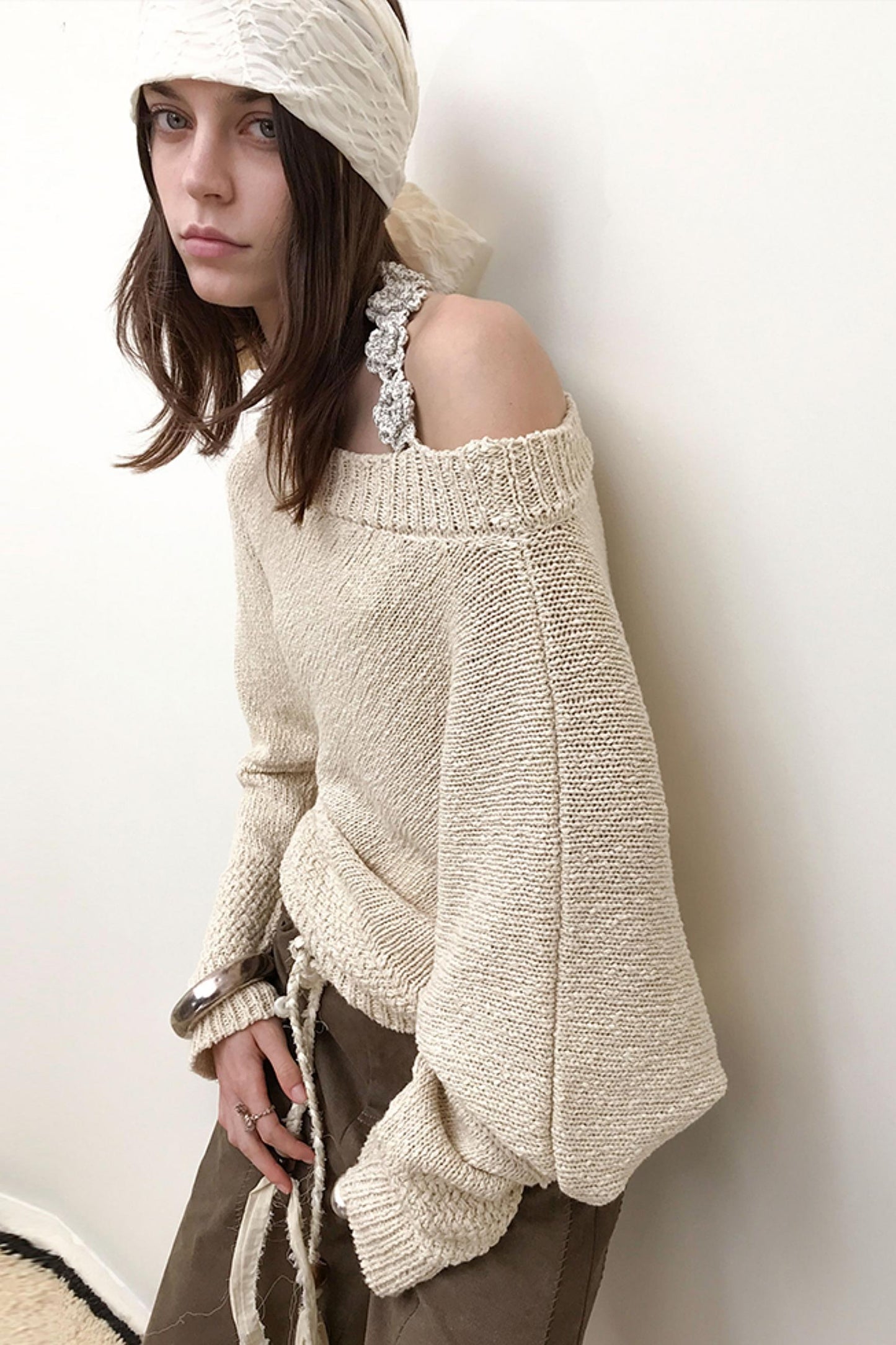 Cotton Knit Halter neck Off-Shoulder Sweater