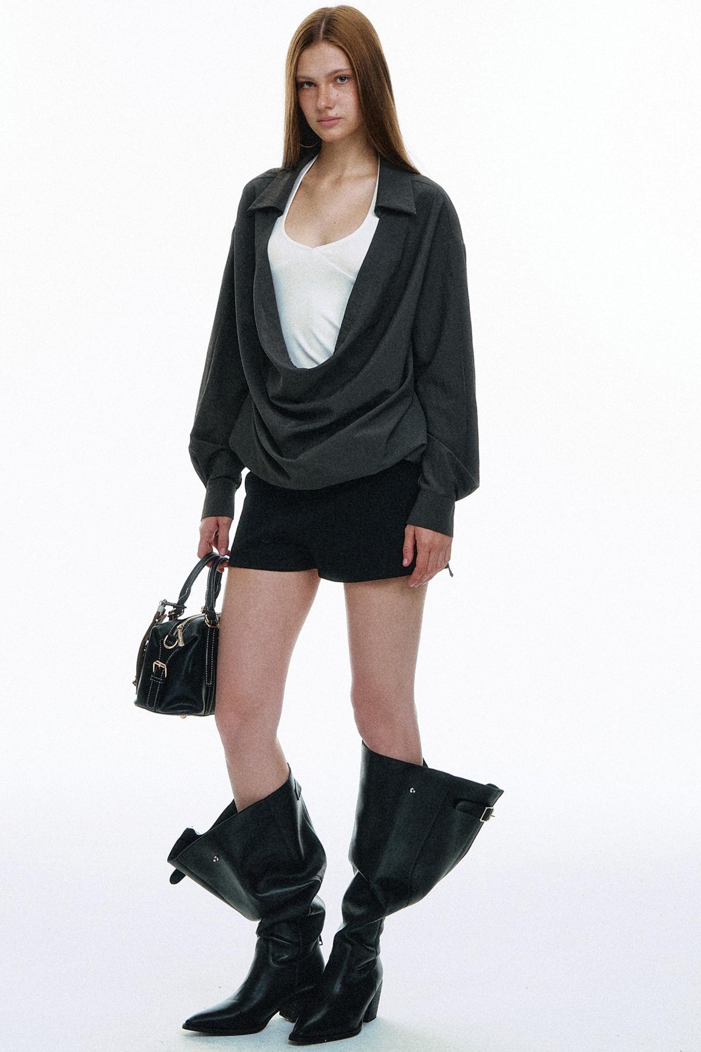솔리드 칼라 긴소매 셔츠 탑