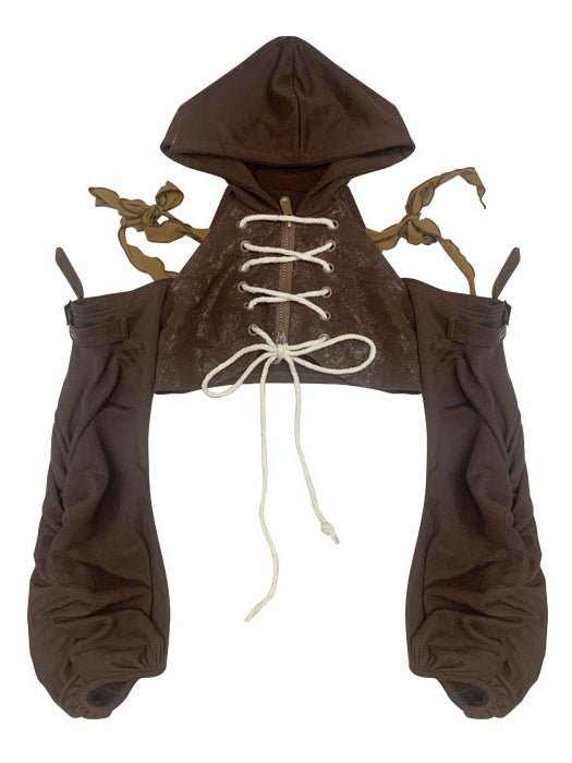 Hollow Zip-up Hooded Top & Short Skirt