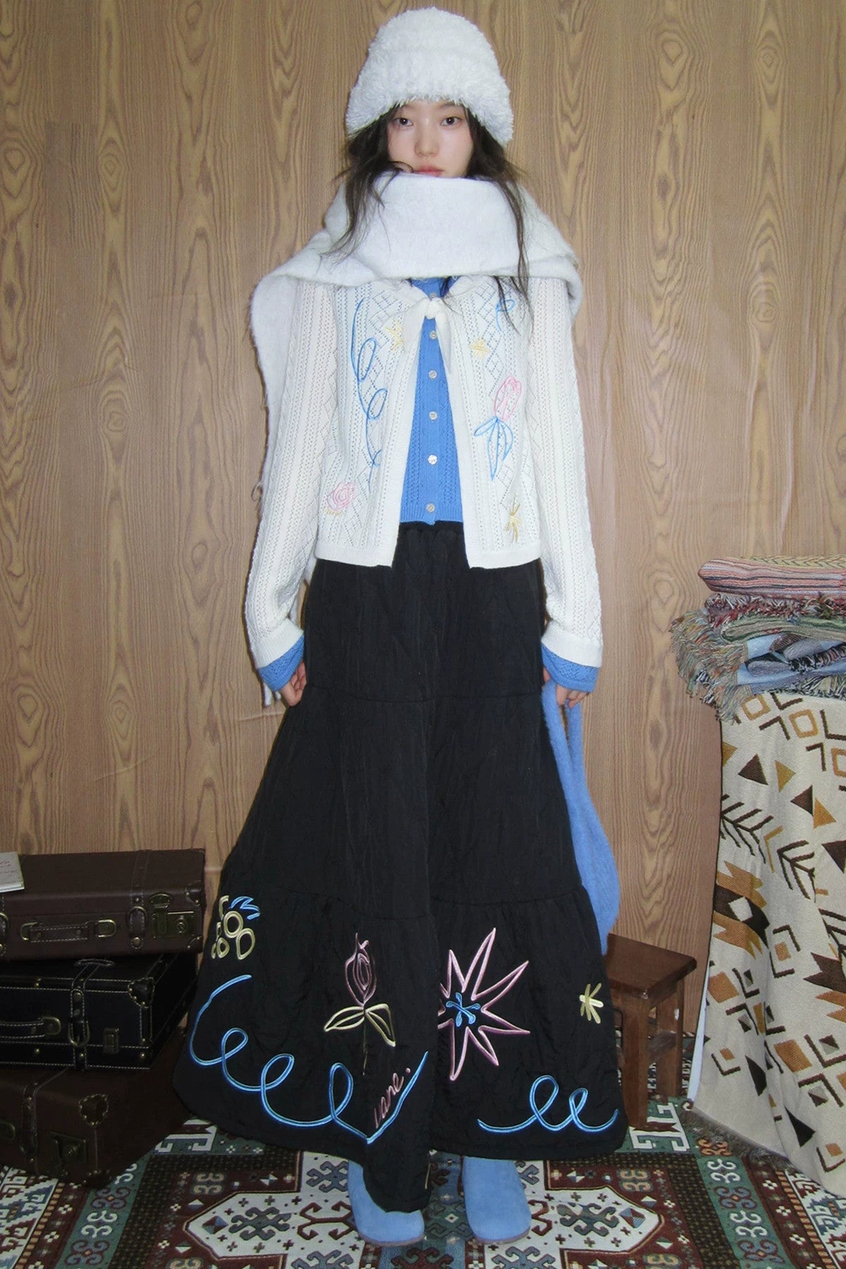 Two-Piece Wool-Blend Tulip Embroidery Knit Cardigan And Skirt Set-Up