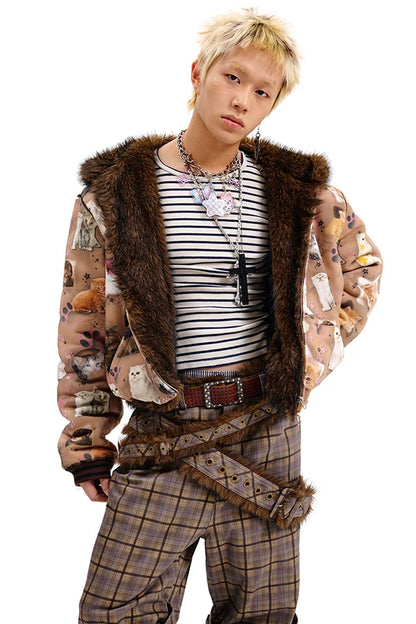 Cat Print Reversible Fur Coat