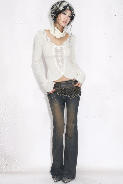 Leather Patchwork Rhinestone Flared Jeans