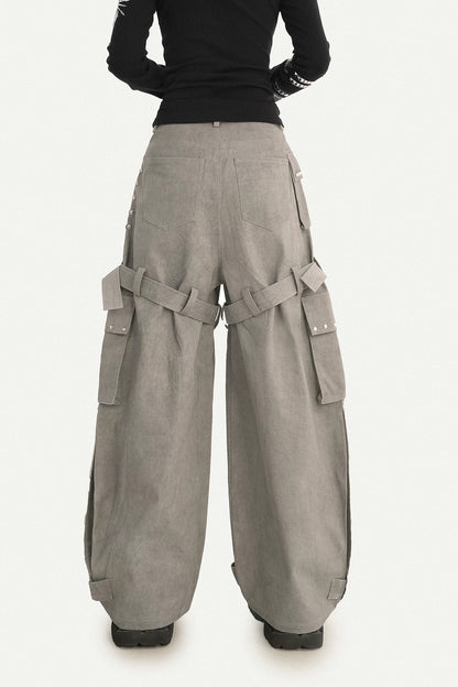 Gray Multi-Pocket Belt Wide-Leg Pants