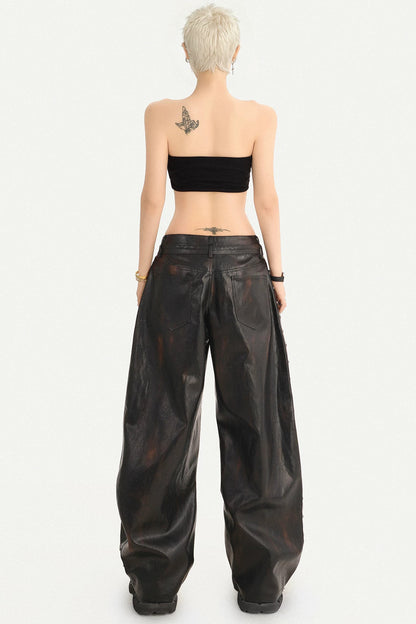 Rivet-Decorated Wide-Leg Leather Pants