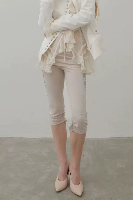 Metal Rhinestone Stretch Capri Pants