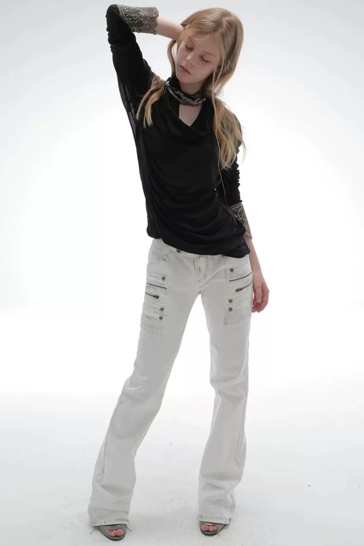 Flared Distressed Three-Dimensional Stitching Jeans