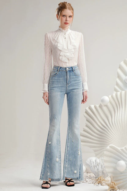 Jeans a vita alta con perline e orlo sfrangiato