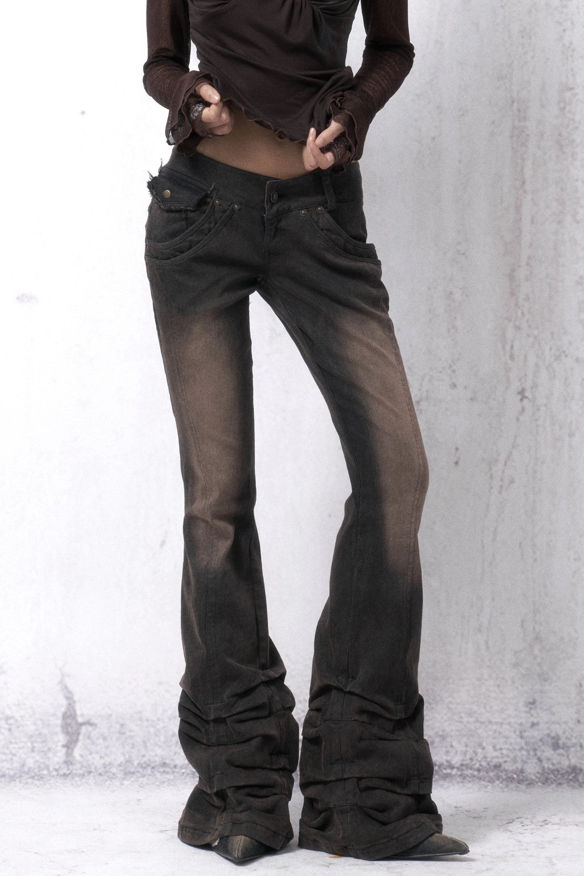 Washed Distressed Stacked Hem Jeans