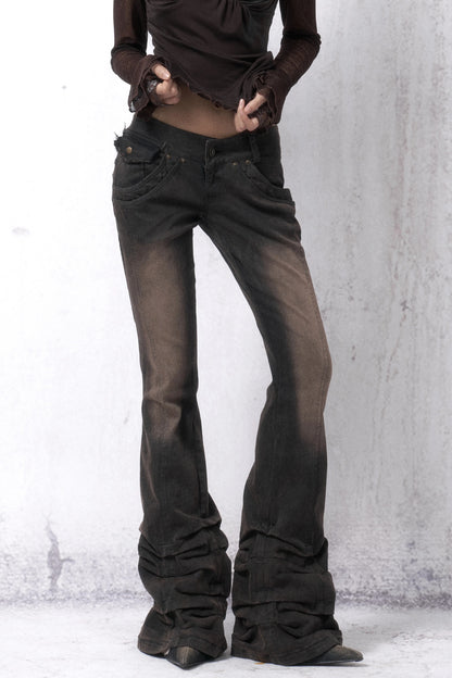 Washed Distressed Stacked Hem Jeans
