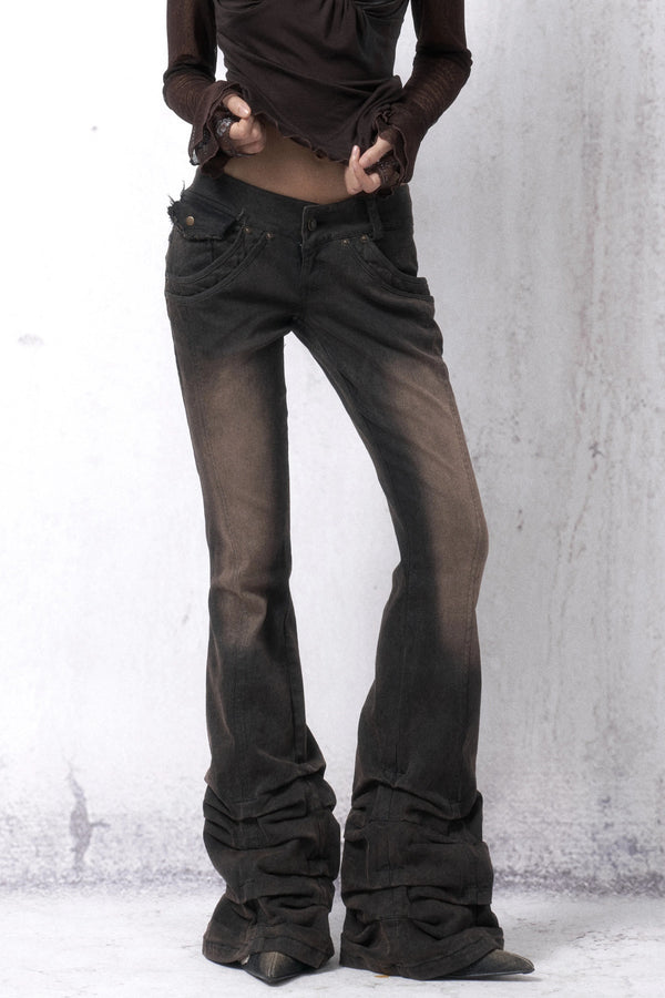 Washed Distressed Stacked Hem Jeans
