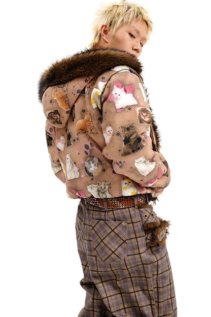Cat Print Reversible Fur Coat