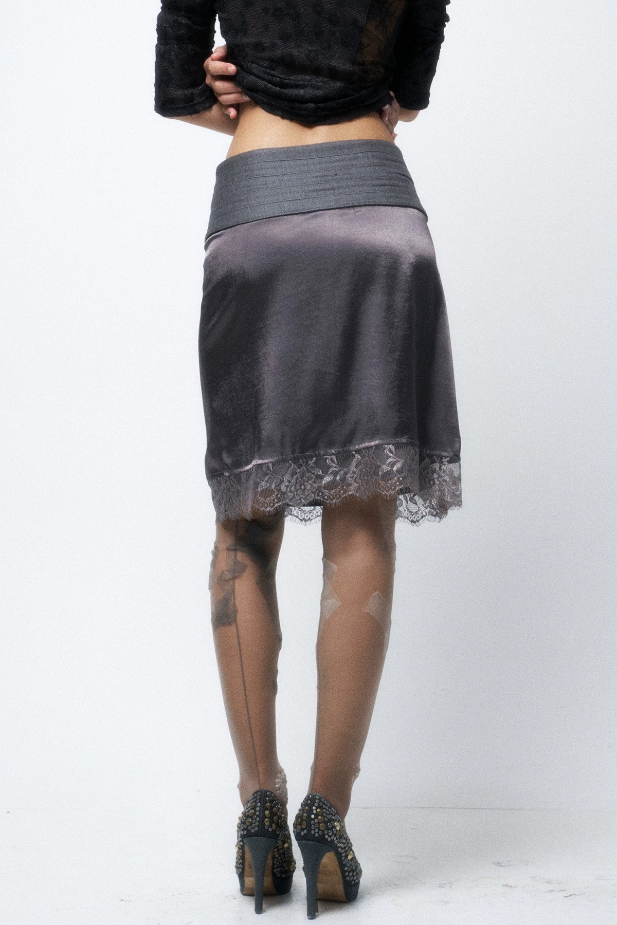 Multi-Layered Rivet Patchwork Satin Skirt